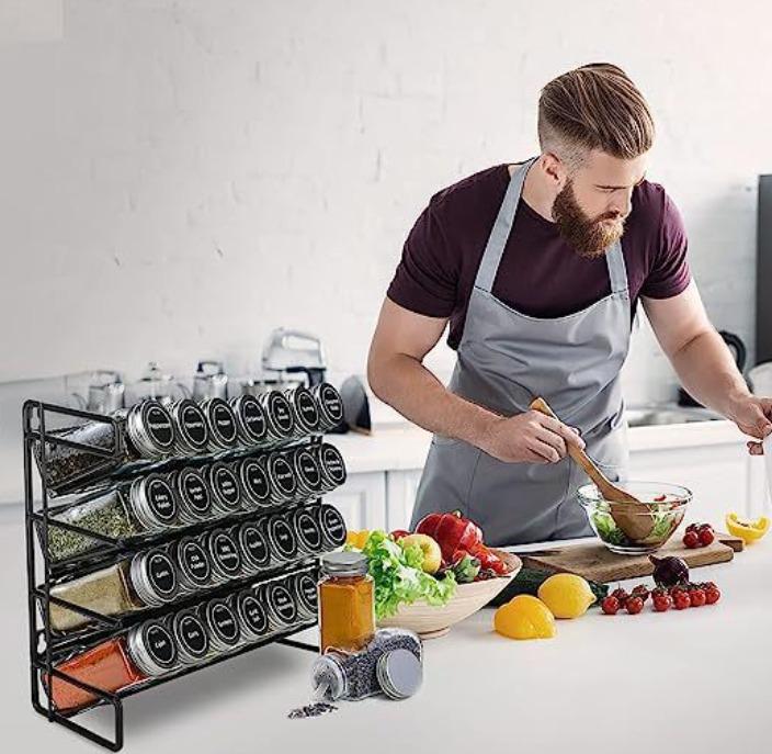 4-Tier Spice Rack Organizer with 28 Glass Bottles, Labels and White Pen - Carbon Steel
