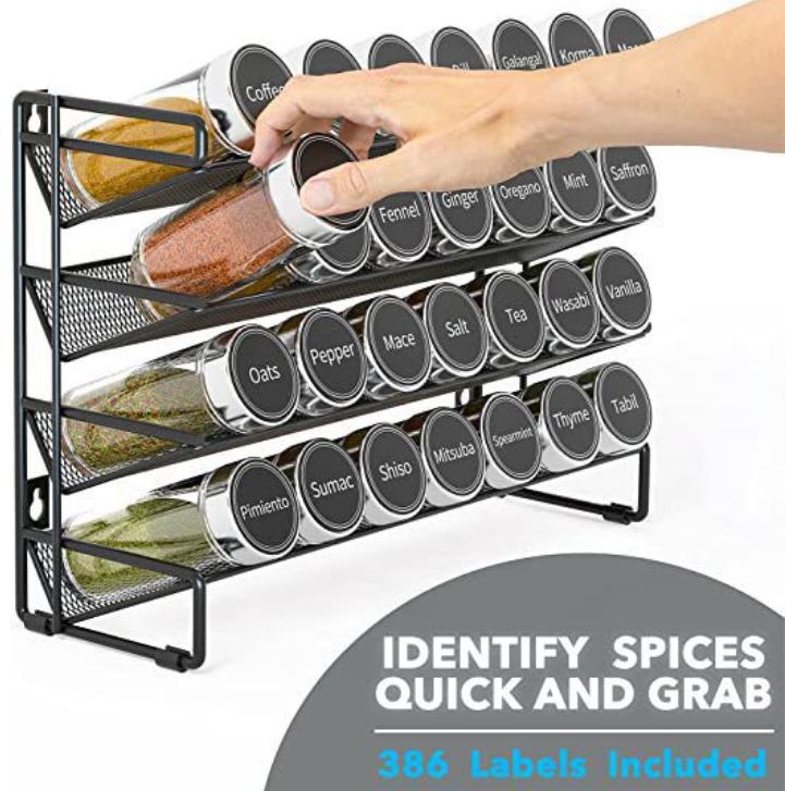 4-Tier Spice Rack Organizer with 28 Glass Bottles, Labels and White Pen - Carbon Steel