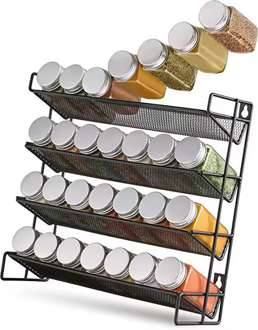 4-Tier Spice Rack Organizer with 28 Glass Bottles, Labels and White Pen - Carbon Steel