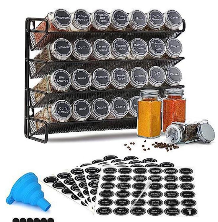 4-Tier Spice Rack Organizer with 28 Glass Bottles, Labels and White Pen - Carbon Steel