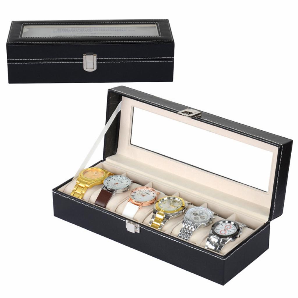 6-Slot Watch Organizer Box - Luxury PU Leather Watch Display Case with Glass Window