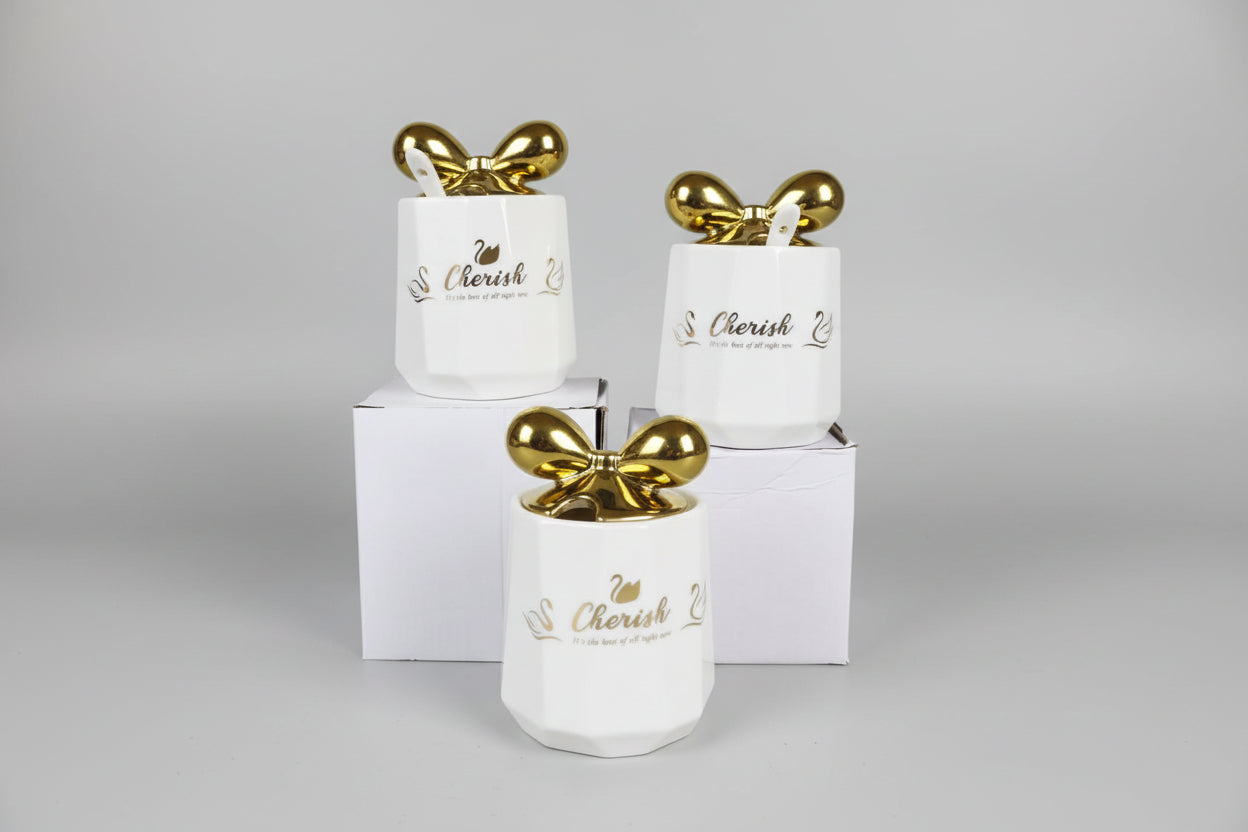 Cherish Ceramic Sugar Dish with Gold Bow Lid