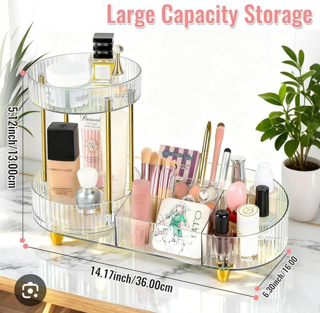360° Rotating Makeup Organizer with Gold Legs - Large Capacity 2-in-1