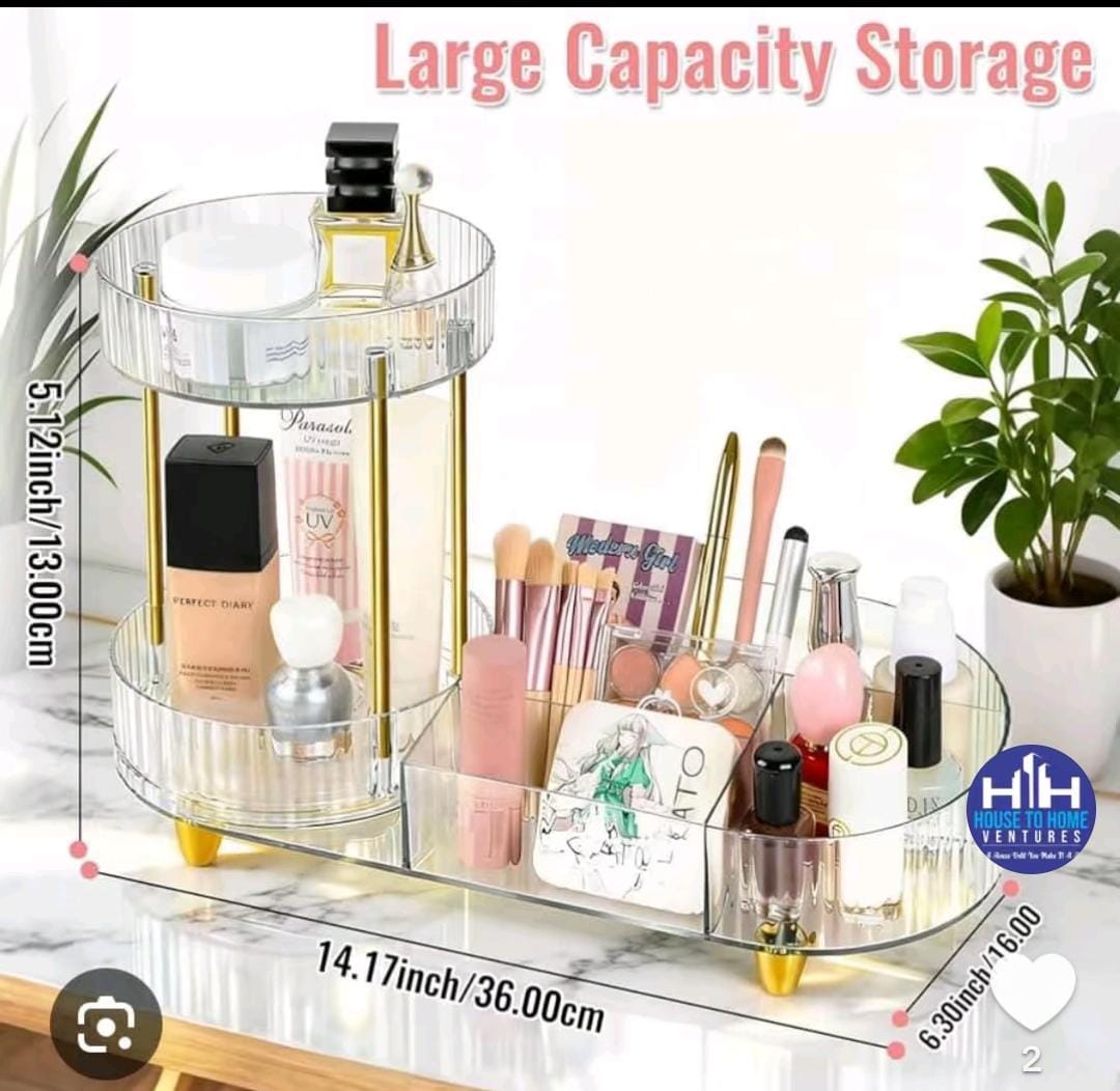 360° Rotating Makeup Organizer with Gold Legs - Large Capacity 2-in-1