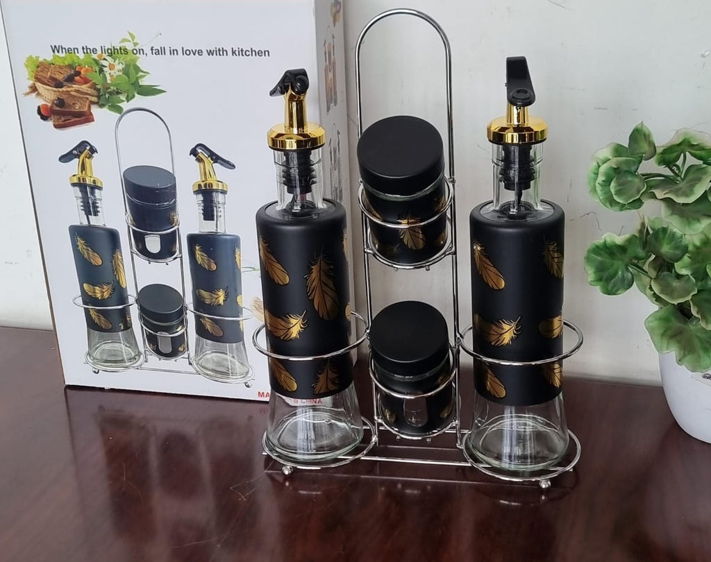 5-in-1 Oil & Vinegar Dispenser Set with Stainless Steel Stand - Gold Accents