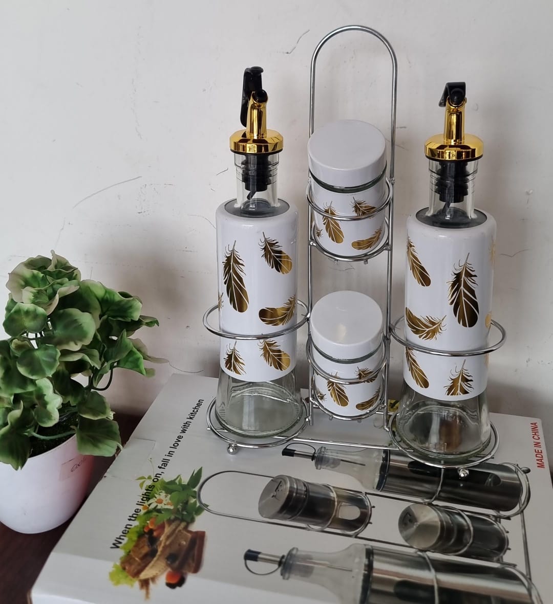 5-in-1 Oil & Vinegar Dispenser Set with Stainless Steel Stand - Gold Accents