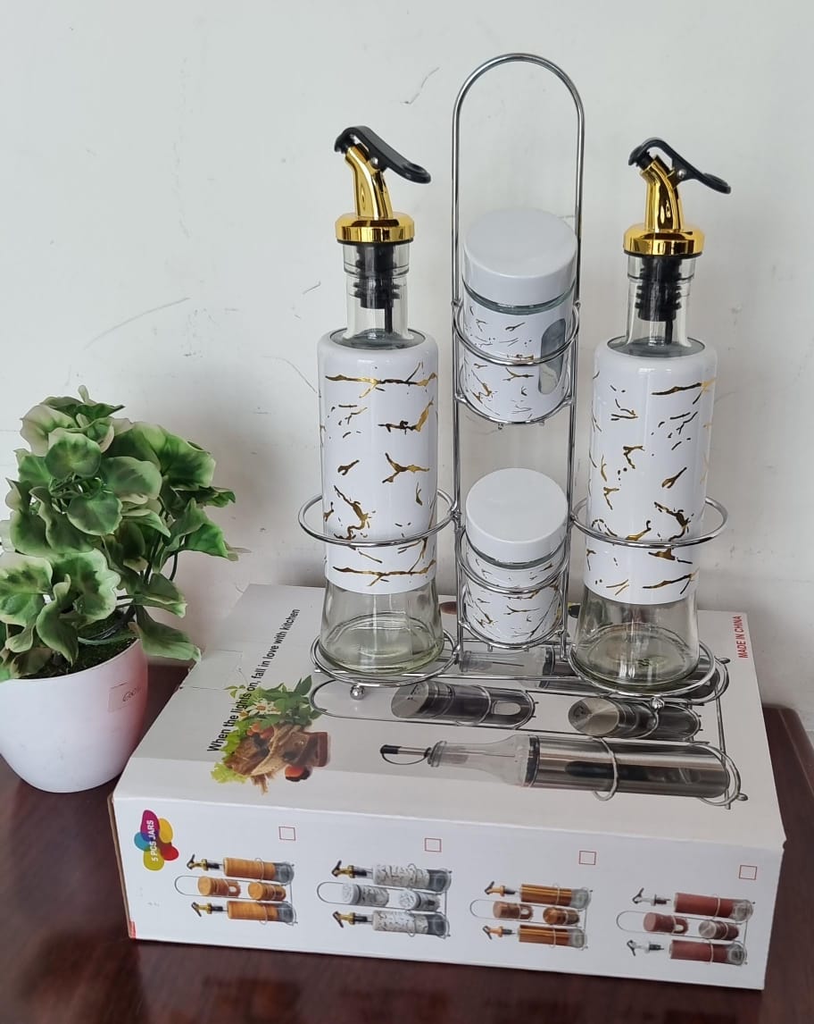 5-in-1 Oil & Vinegar Dispenser Set with Stainless Steel Stand - Gold Accents