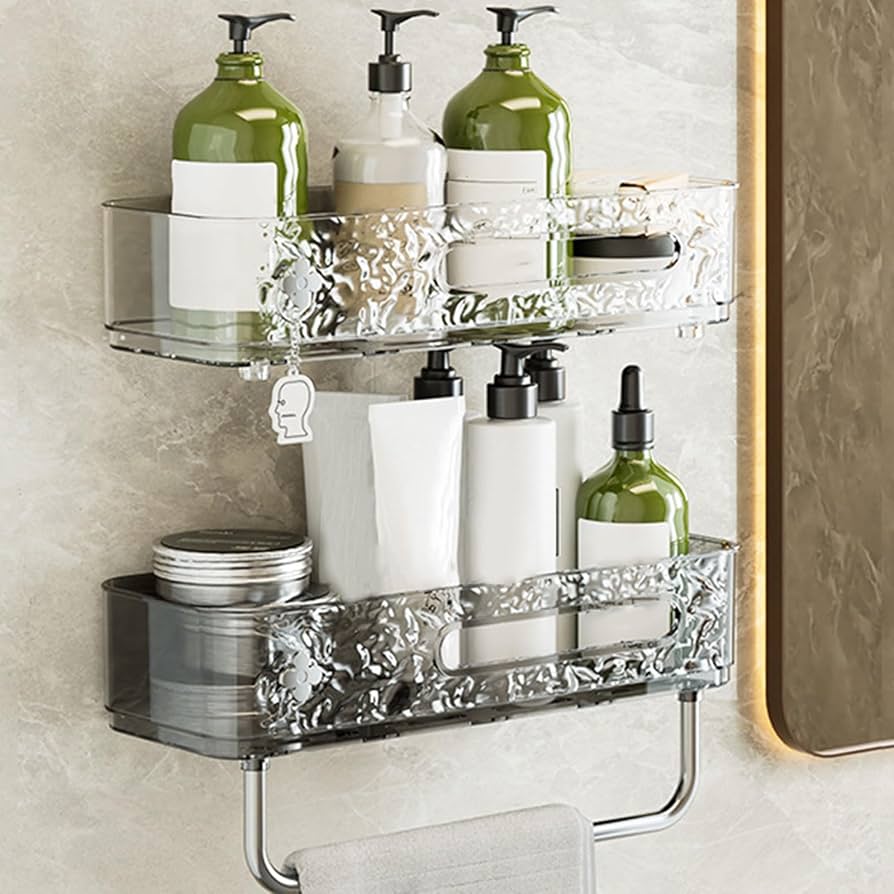 Ripple Pattern Acrylic Wall Shelf with Towel Bar - Adhesive Mount
