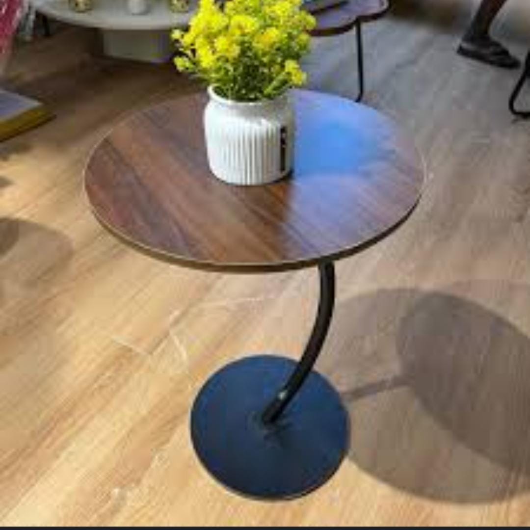 Modern Round Side Table with Curved Base - C-Shape End Table