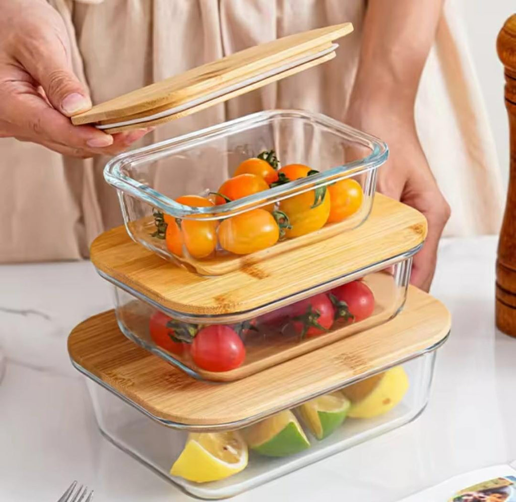 4-Piece Glass Storage Box Set with Bamboo Lids