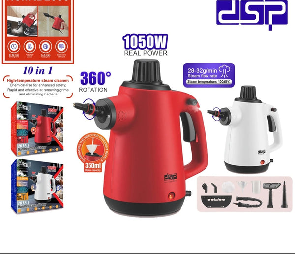 10-in-1 Handheld Steam Cleaner – 1050W | 350ml | 360° Nozzle | Red & White