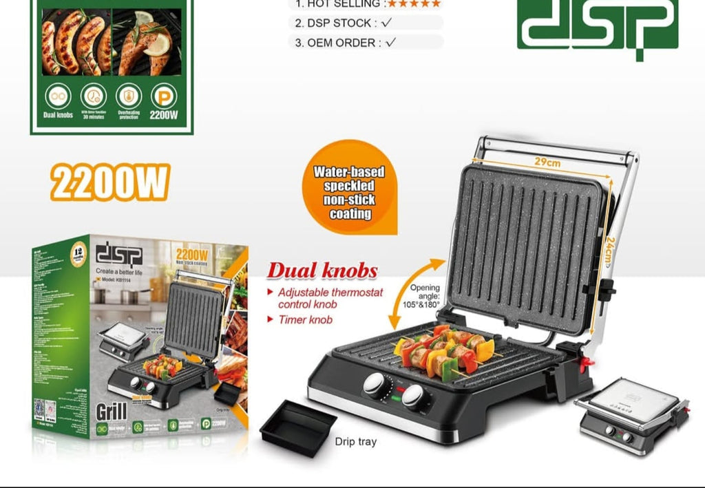 DSP KB1114 Electric Contact Grill & Panini Press – 2200W | 29x24cm Non-Stick Plate