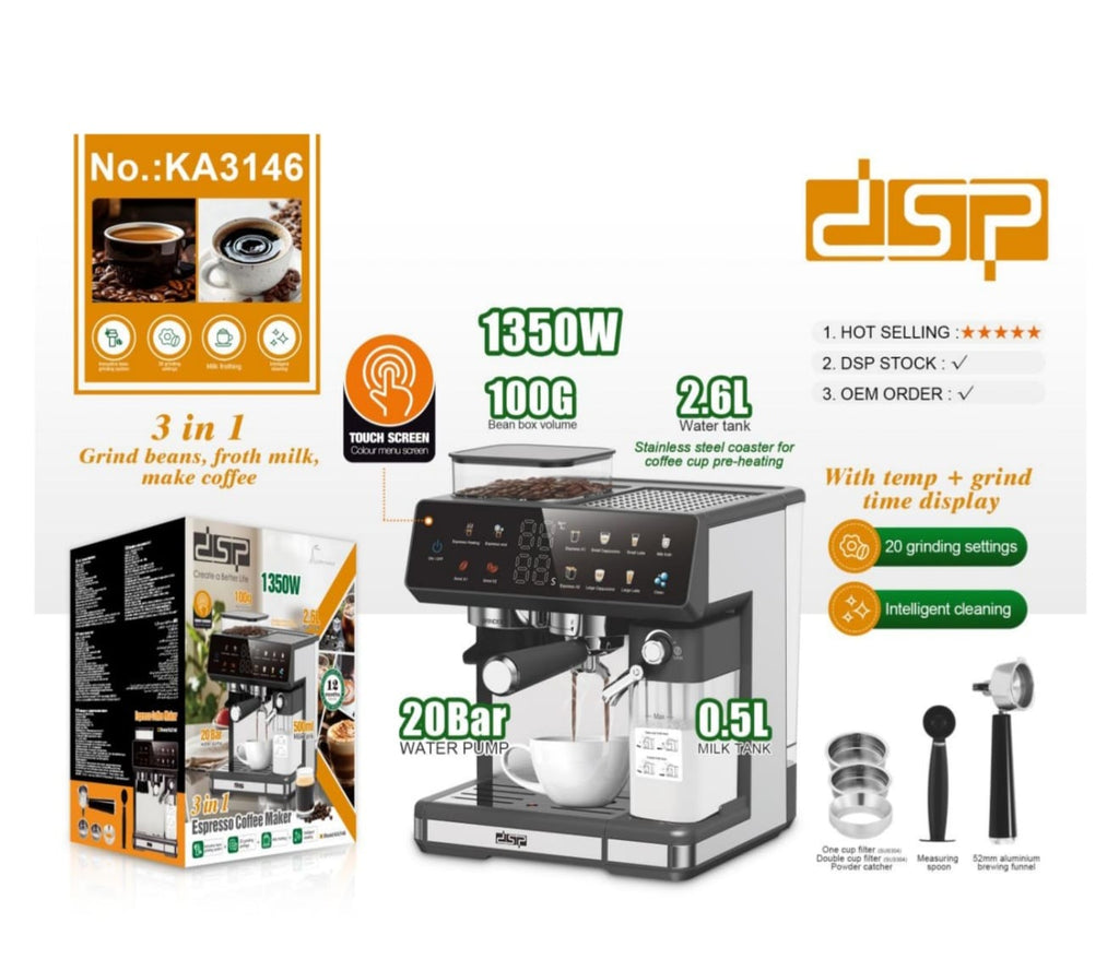 3-in-1 Espresso Coffee Maker – 1350W | 20 Bar | Bean Grinder + Milk Frother