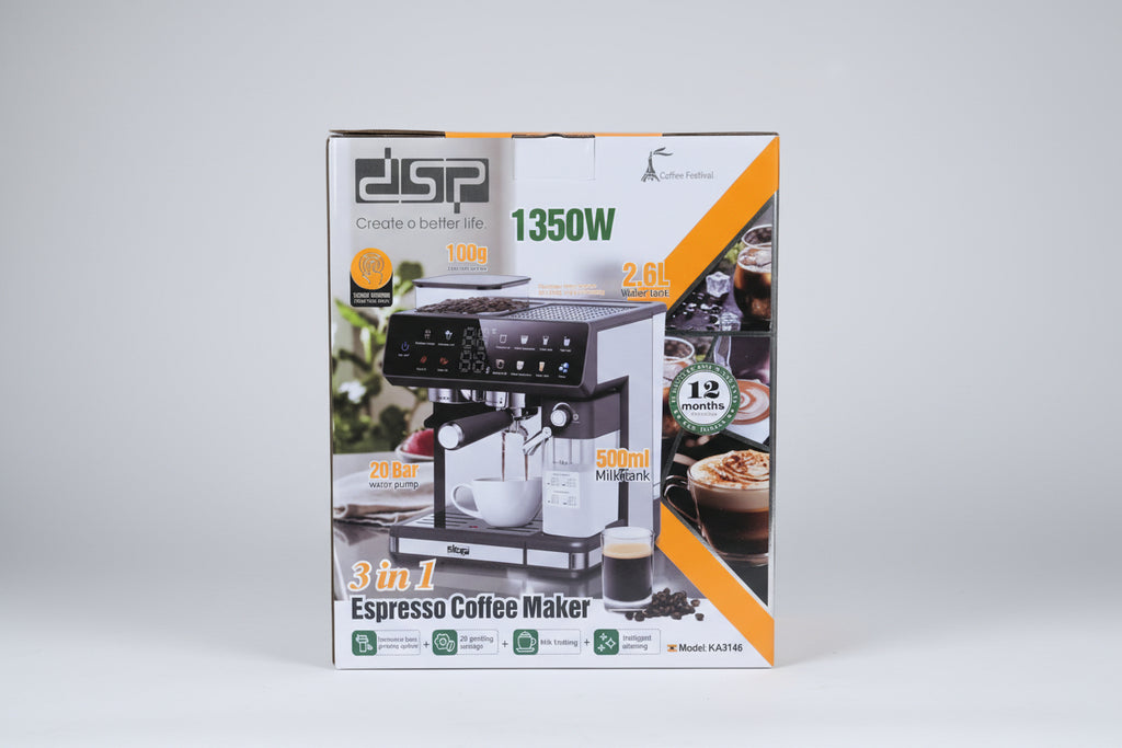 3-in-1 Espresso Coffee Maker – 1350W | 20 Bar | Bean Grinder + Milk Frother
