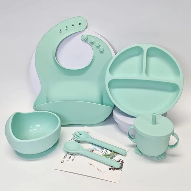 6-Piece Silicone Baby Feeding Cutlery Set – Suction Plate, Bowl, Bib, Cup & Utensils