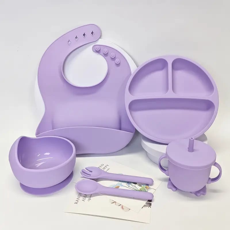 6-Piece Silicone Baby Feeding Cutlery Set – Suction Plate, Bowl, Bib, Cup & Utensils