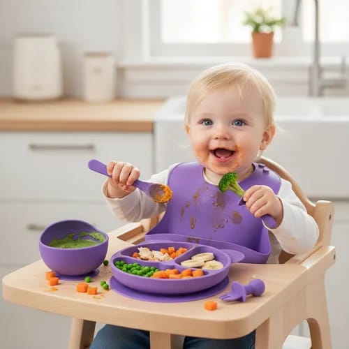 6-Piece Silicone Baby Feeding Cutlery Set – Suction Plate, Bowl, Bib, Cup & Utensils