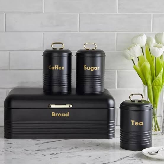 Galvanized Metal Bread Bin & Canister Set – Black with Rose Gold Accents