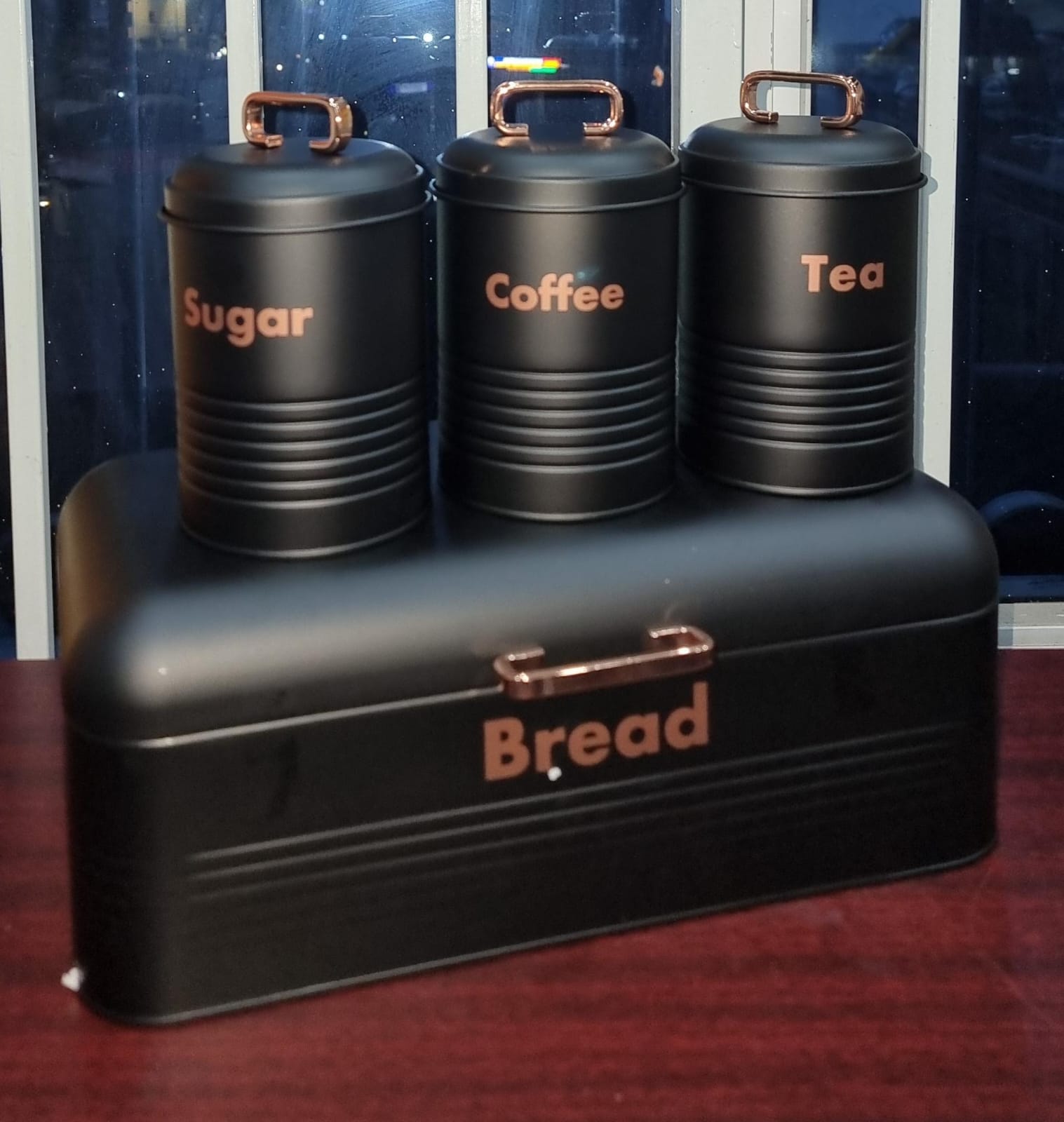 Galvanized Metal Bread Bin & Canister Set – Black with Rose Gold Accents