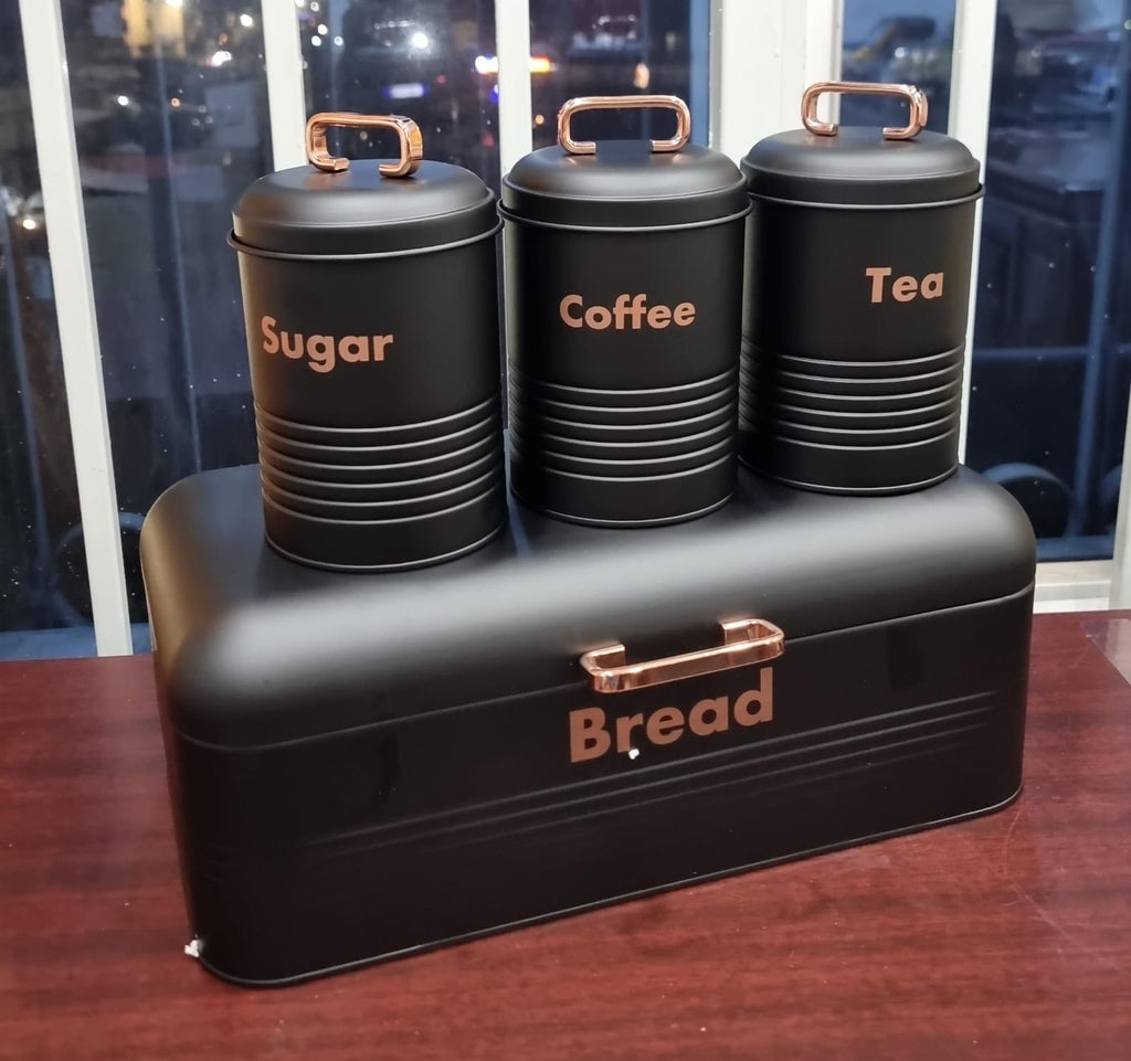 Galvanized Metal Bread Bin & Canister Set – Black with Rose Gold Accents