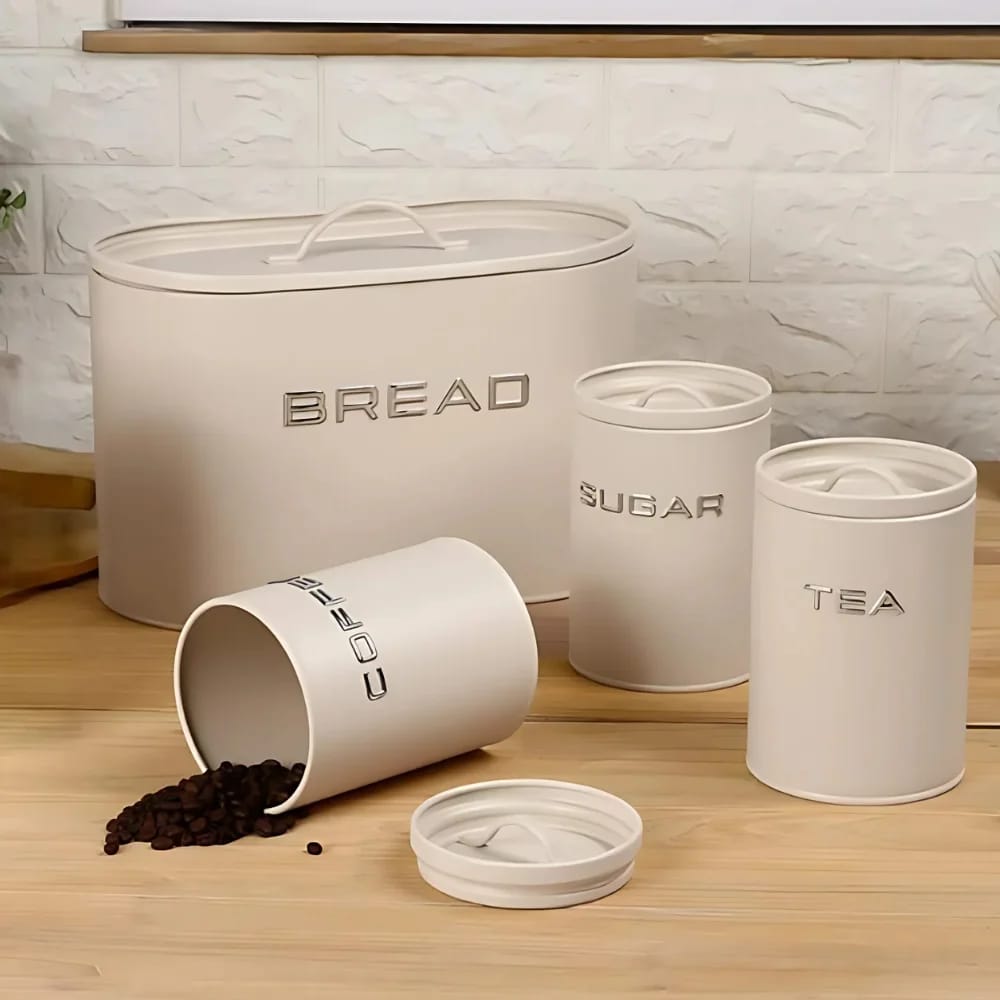 4-Piece Galvanized Bread Bin & Canister Set – 10L Bin + 3x1200ml Canisters