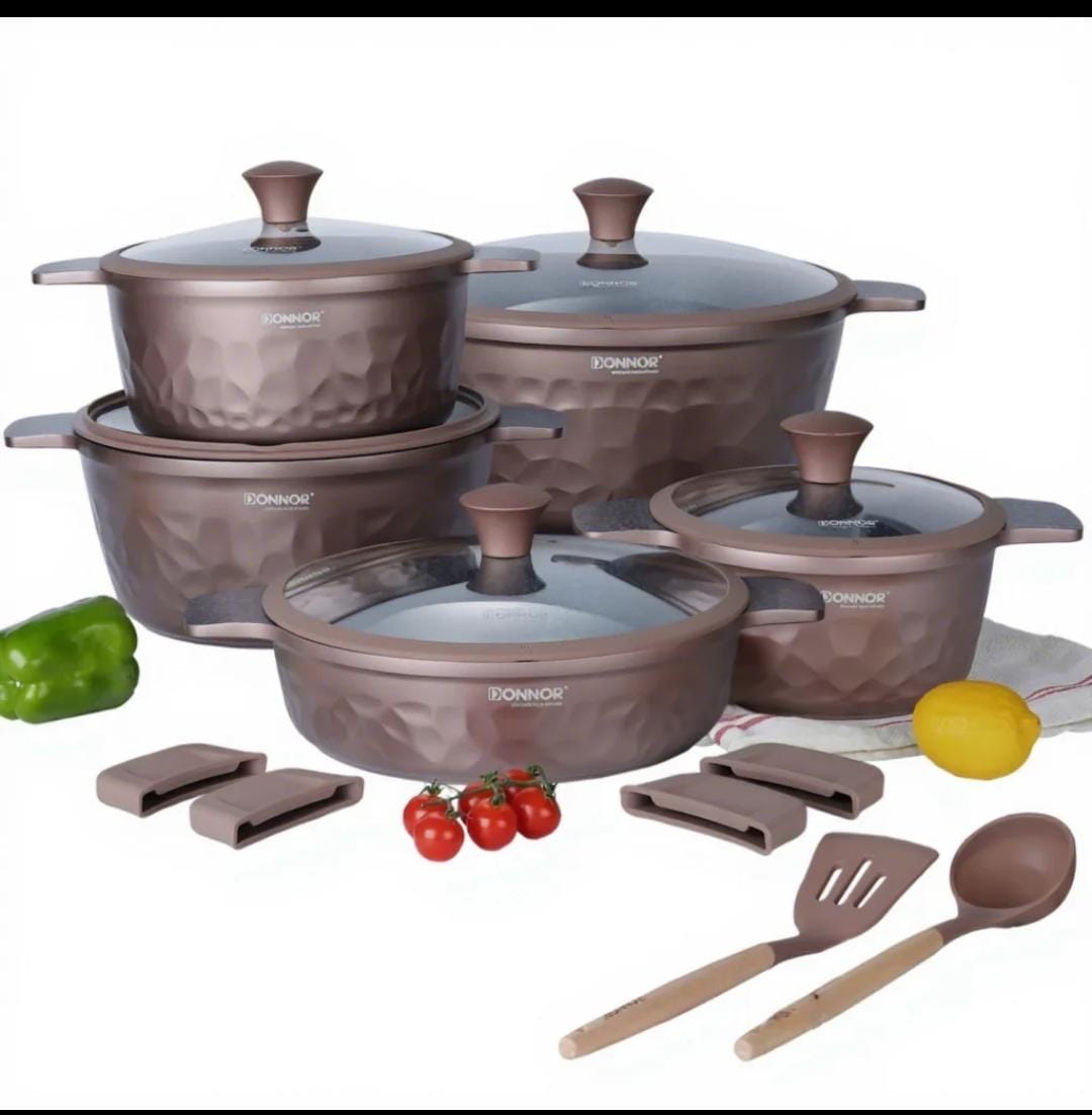 DONNOR 10pc Granite Non-Stick Cookware Set – Germany Technology | Induction Ready | Black, Ivory, Grey & Pink