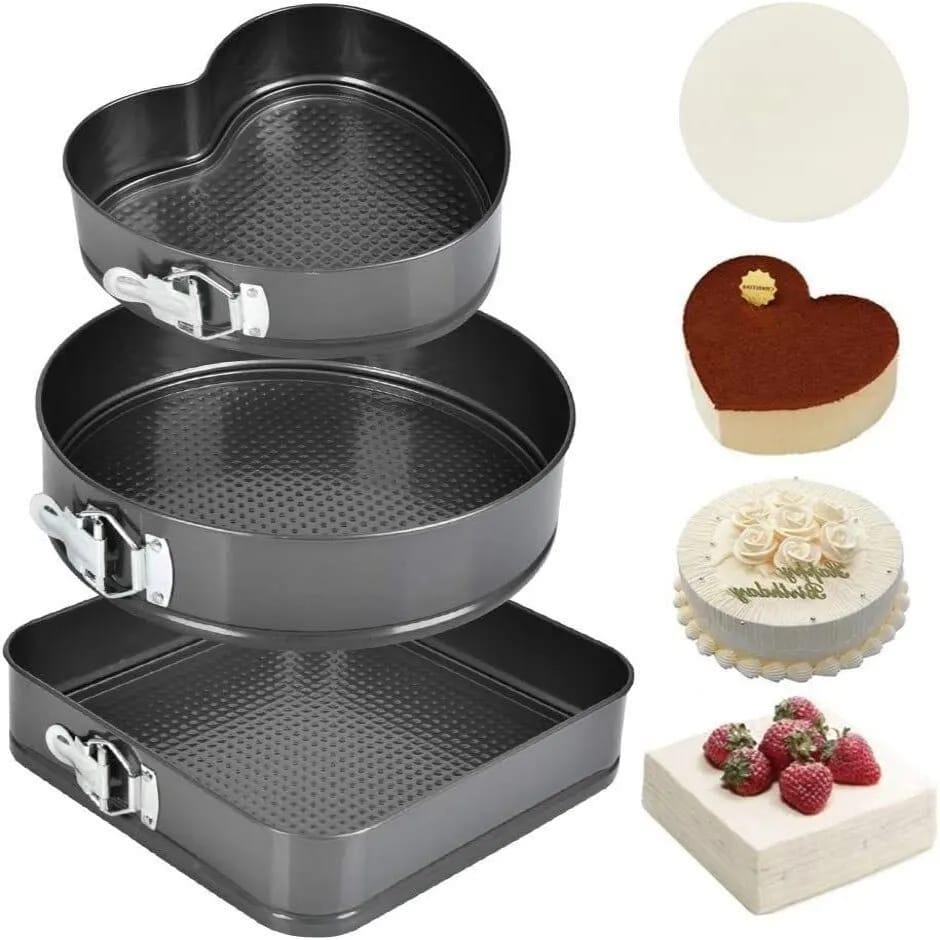 3pc Non-Stick Springform Cake Tins – Heart, Round & Square