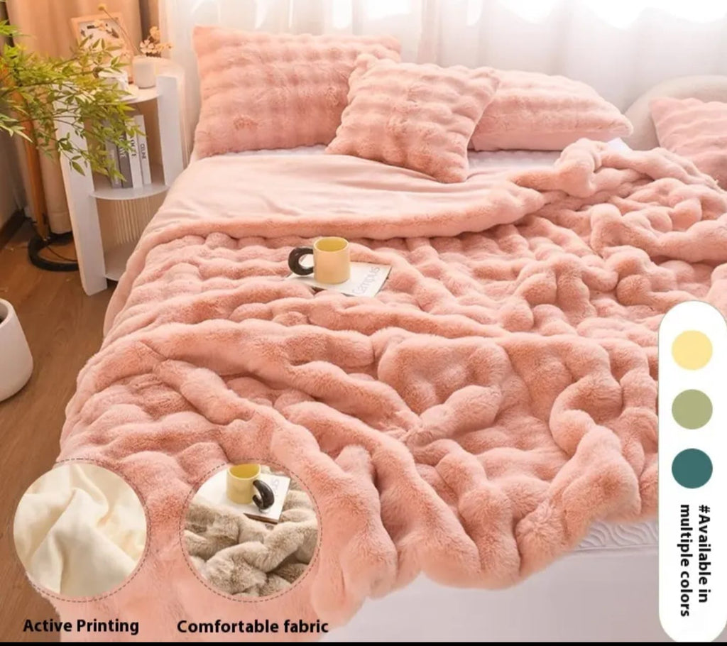 Soft Bubble Flannel Fleece Throw Blanket – Queen/King Size 180x200cm | Double Face Cozy Faux Fur