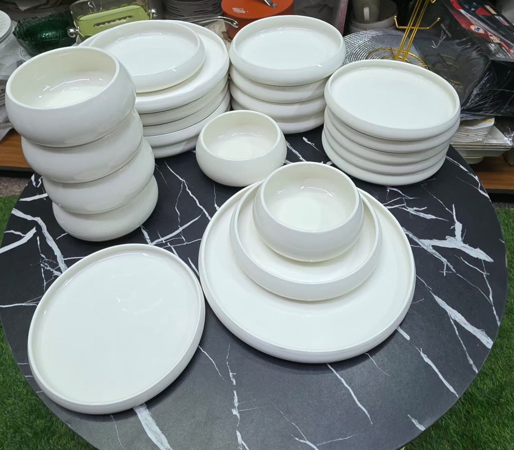 24pc Premium Elegant White Ceramic Dinner Set – 6 Person | Plates, Bowls & Side Plates