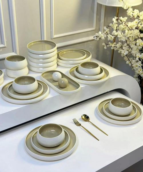 27pc Elegant European Double Glaze Porcelain Dinner Set – Beige & White | Serves 6