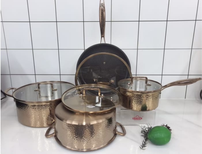 UAKEEN Germany VK-58 10pc Triply 18/10 Stainless Steel Cookware Set – Hammered Copper-Gold