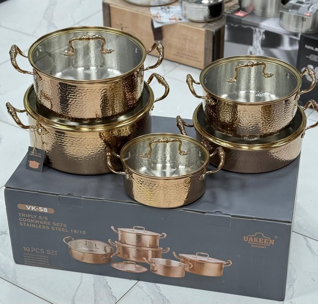 UAKEEN Germany VK-58 10pc Triply 18/10 Stainless Steel Cookware Set – Hammered Copper-Gold
