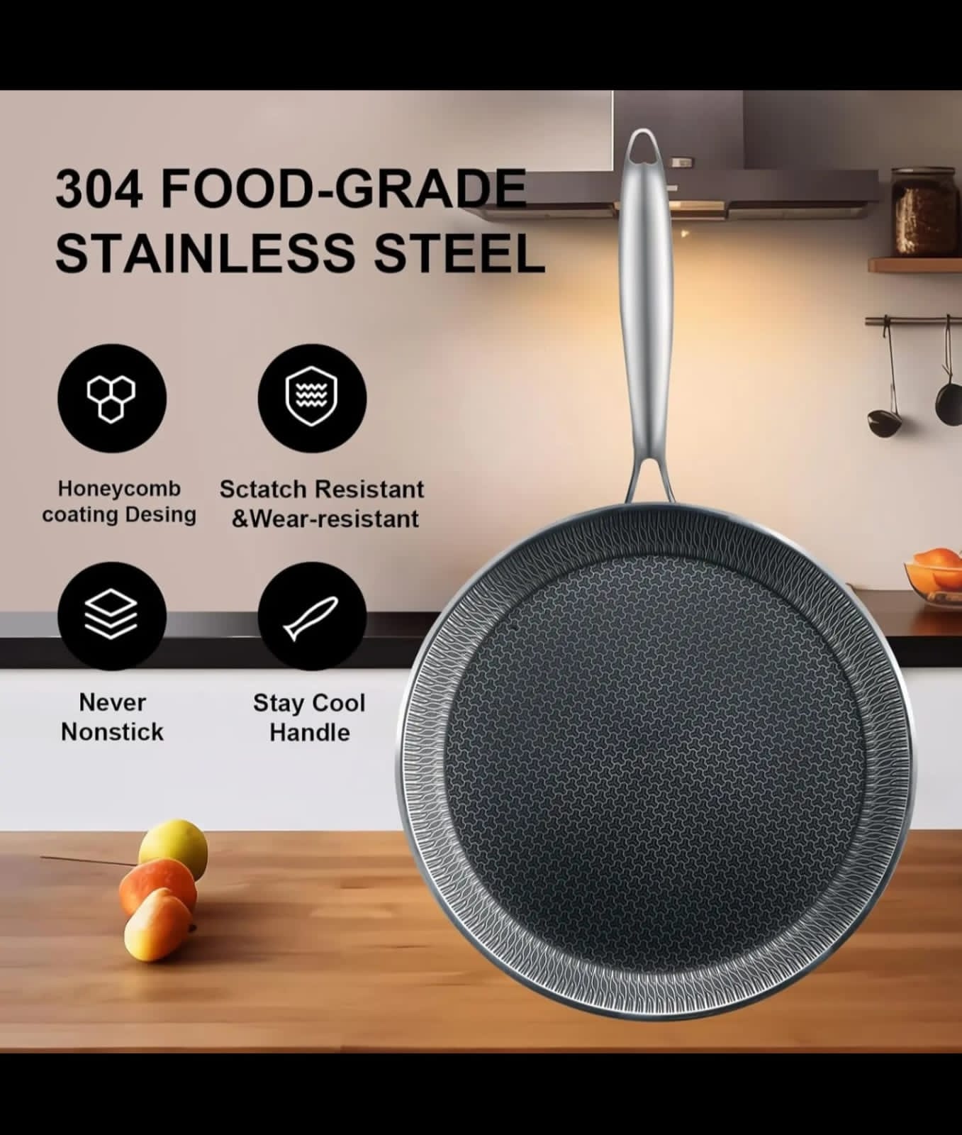 UAKEEN Germany 28cm Triply Stainless Steel Flat Skillet Griddle Pan – Honeycomb Non-Stick