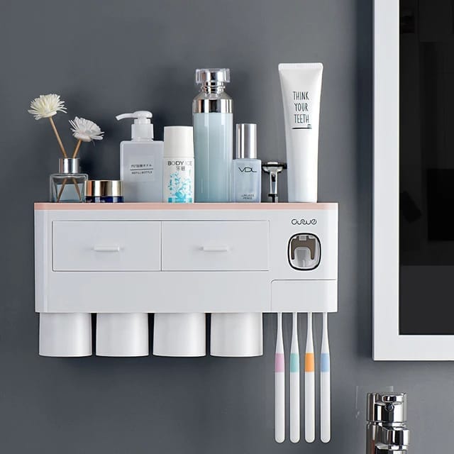 Automatic Toothpaste Dispenser with Storage Rack & Magnetic Cups