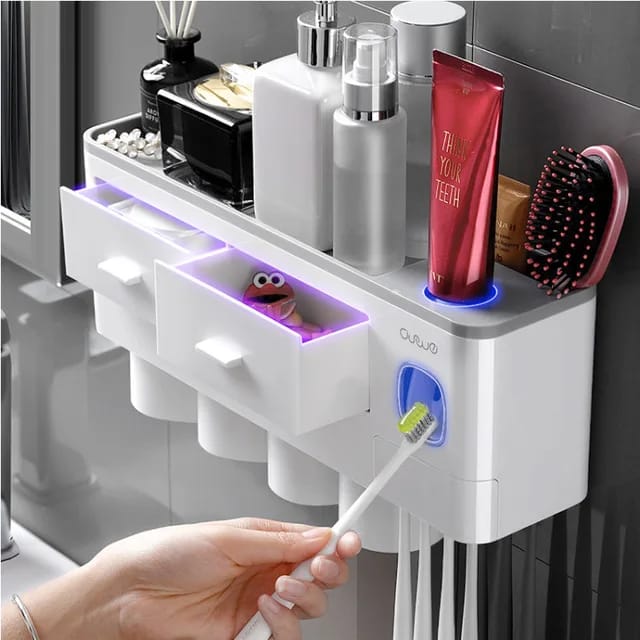 Automatic Toothpaste Dispenser with Storage Rack & Magnetic Cups