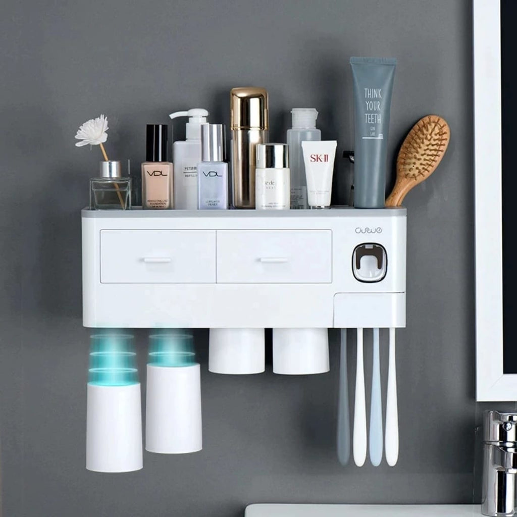 Automatic Toothpaste Dispenser with Storage Rack & Magnetic Cups