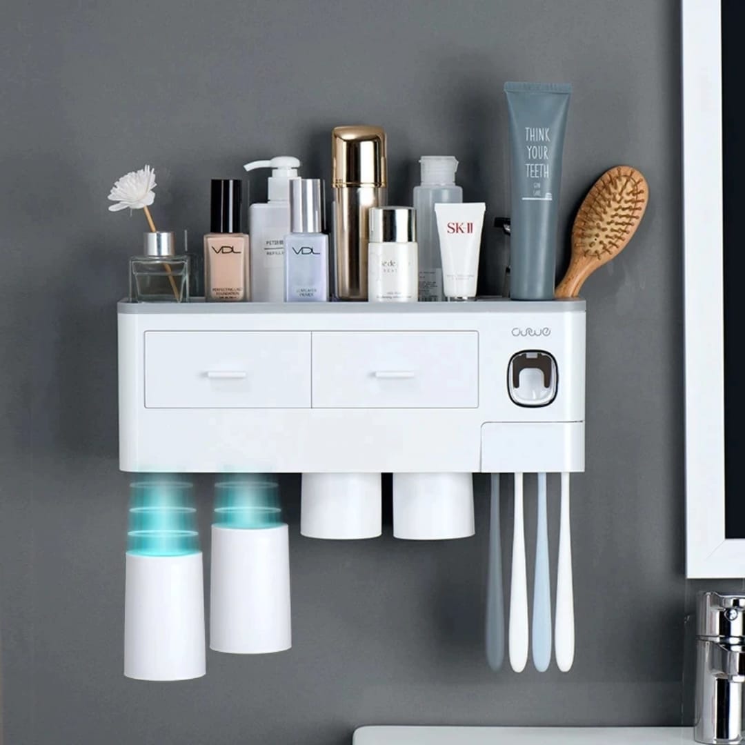 Automatic Toothpaste Dispenser with Storage Rack & Magnetic Cups