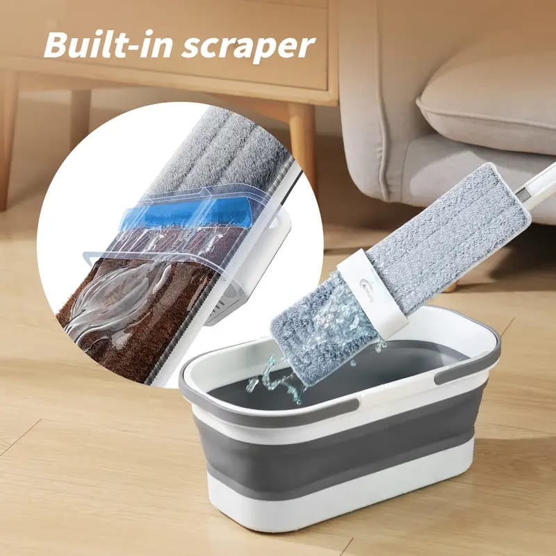 Self-Wringing Hands-Free Flat Mop with Foldable Bucket