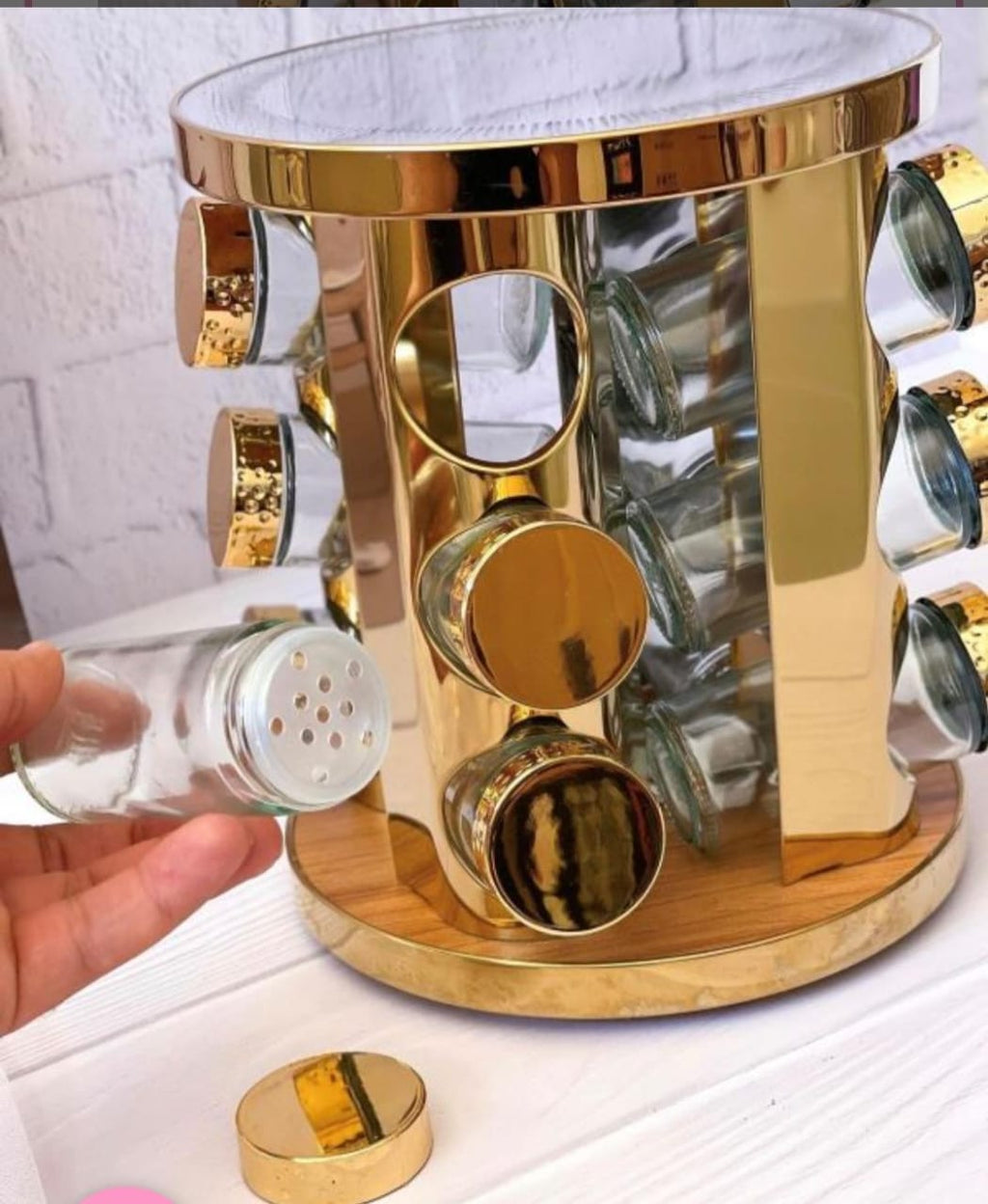 LED Touch Rotating Spice Rack – Gold with 12 Glass Jars