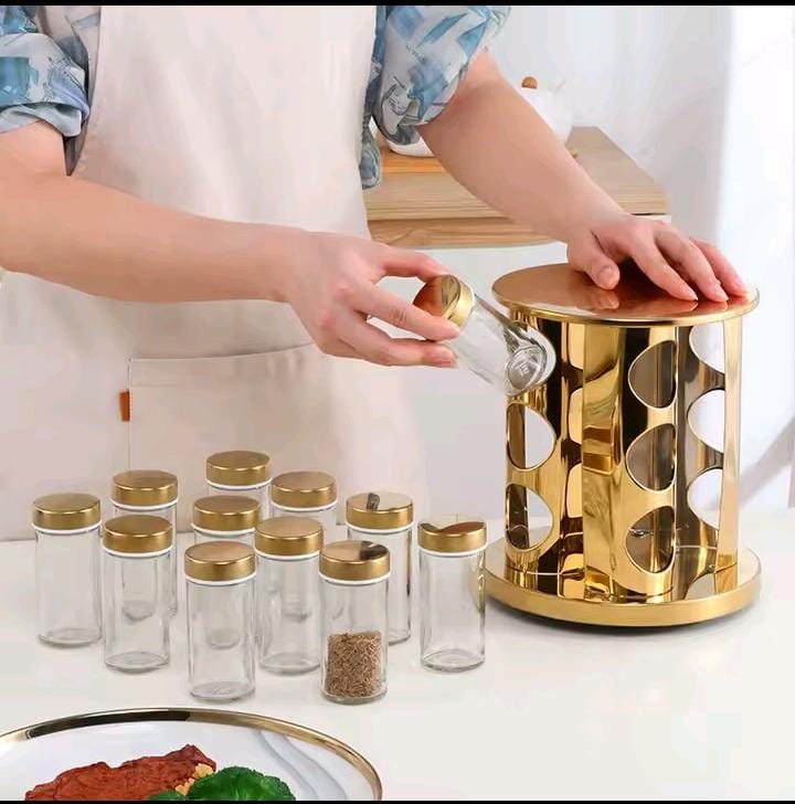 LED Touch Rotating Spice Rack – Gold with 12 Glass Jars