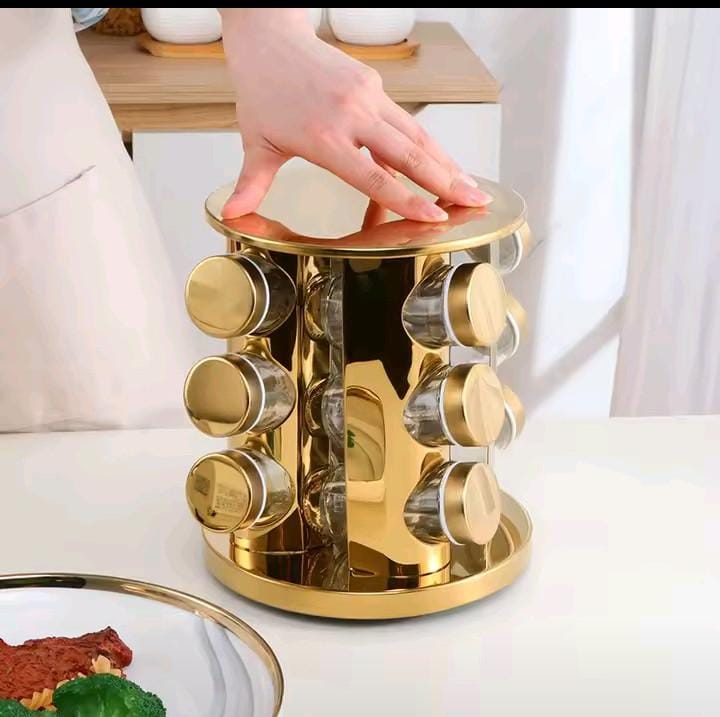 LED Touch Rotating Spice Rack – Gold with 12 Glass Jars