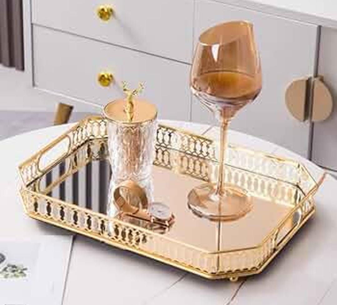 Vanity Decorative Gold Vintage Mirror Tray – Round or Rectangular