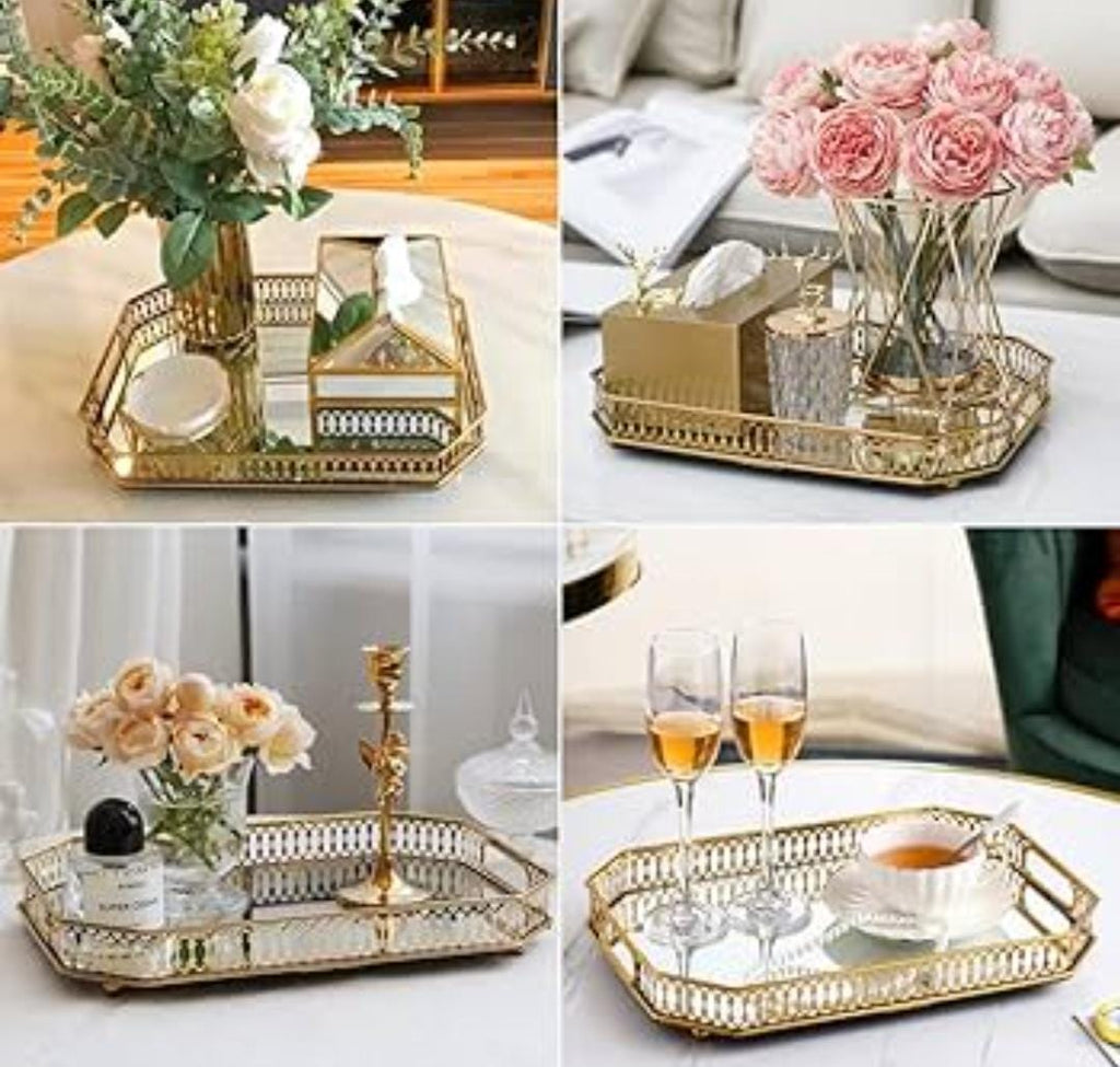 Vanity Decorative Gold Vintage Mirror Tray – Round or Rectangular