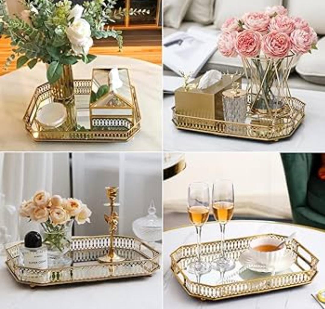 Vanity Decorative Gold Vintage Mirror Tray – Round or Rectangular