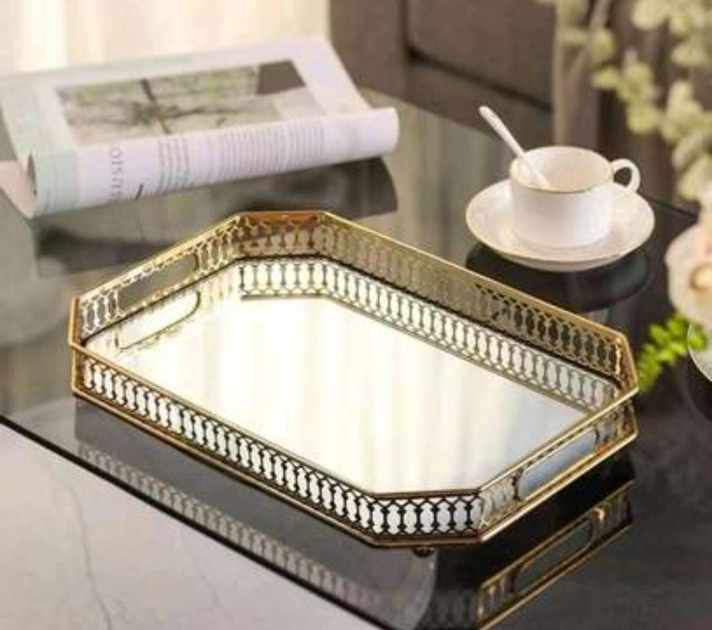 Vanity Decorative Gold Vintage Mirror Tray – Round or Rectangular