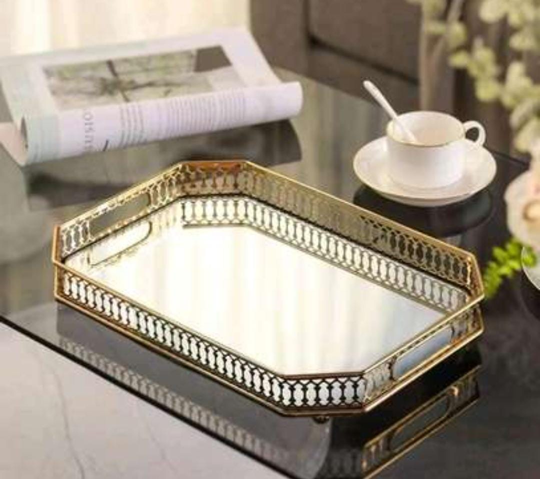 Vanity Decorative Gold Vintage Mirror Tray – Round or Rectangular