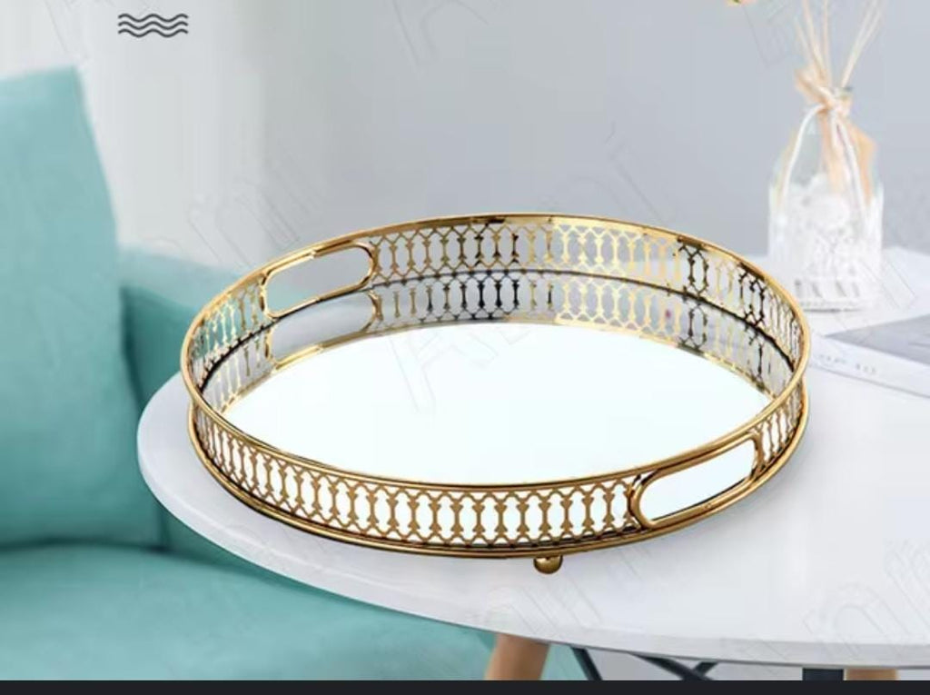 Vanity Decorative Gold Vintage Mirror Tray – Round or Rectangular