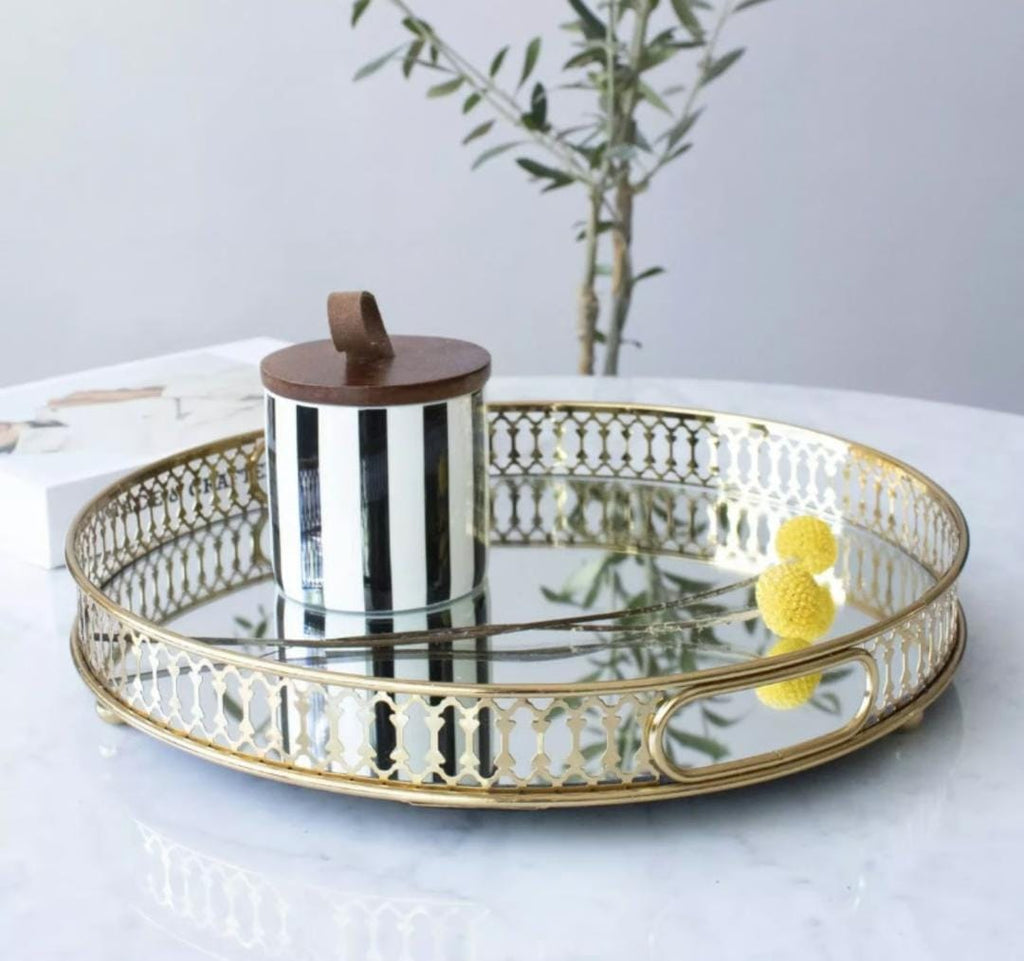 Vanity Decorative Gold Vintage Mirror Tray – Round or Rectangular