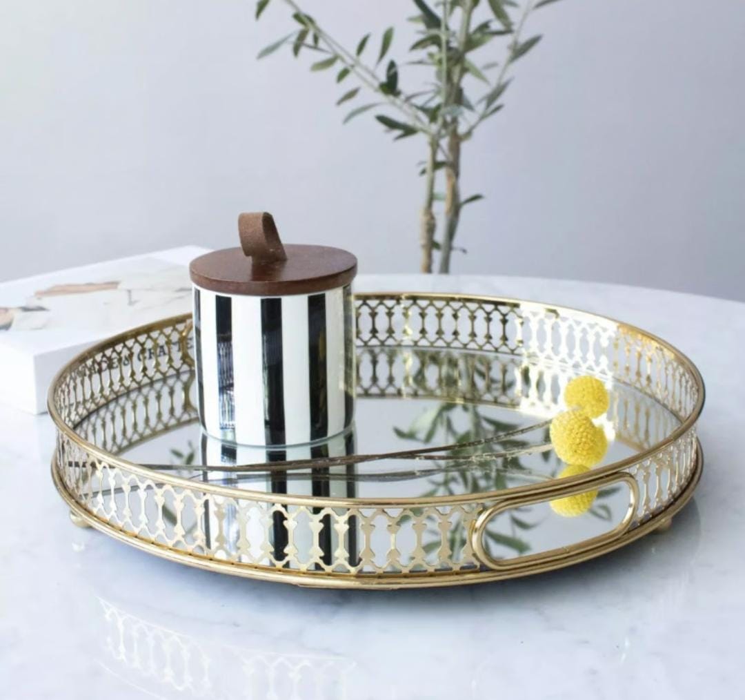 Vanity Decorative Gold Vintage Mirror Tray – Round or Rectangular