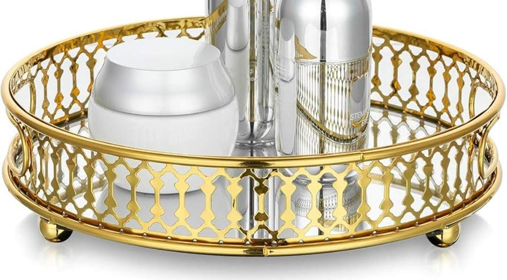 Vanity Decorative Gold Vintage Mirror Tray – Round or Rectangular